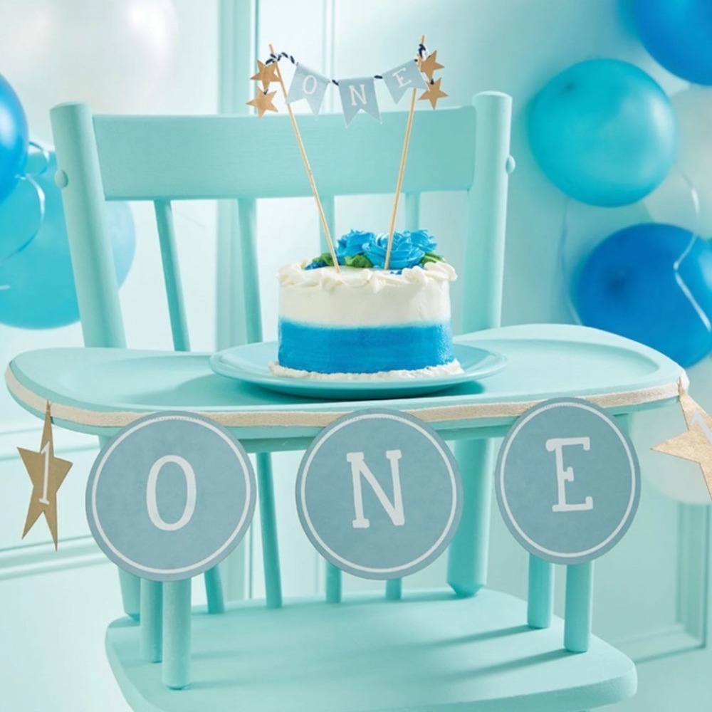 Mud Pie Baby Boy 1st Birthday Blue Highchair Banner and Cake Topper Set ONE